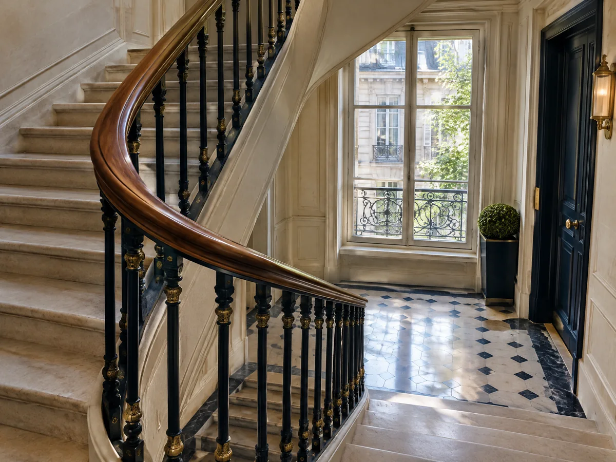 Escalier d’un immeuble parisien éclairé par la lumière du jour