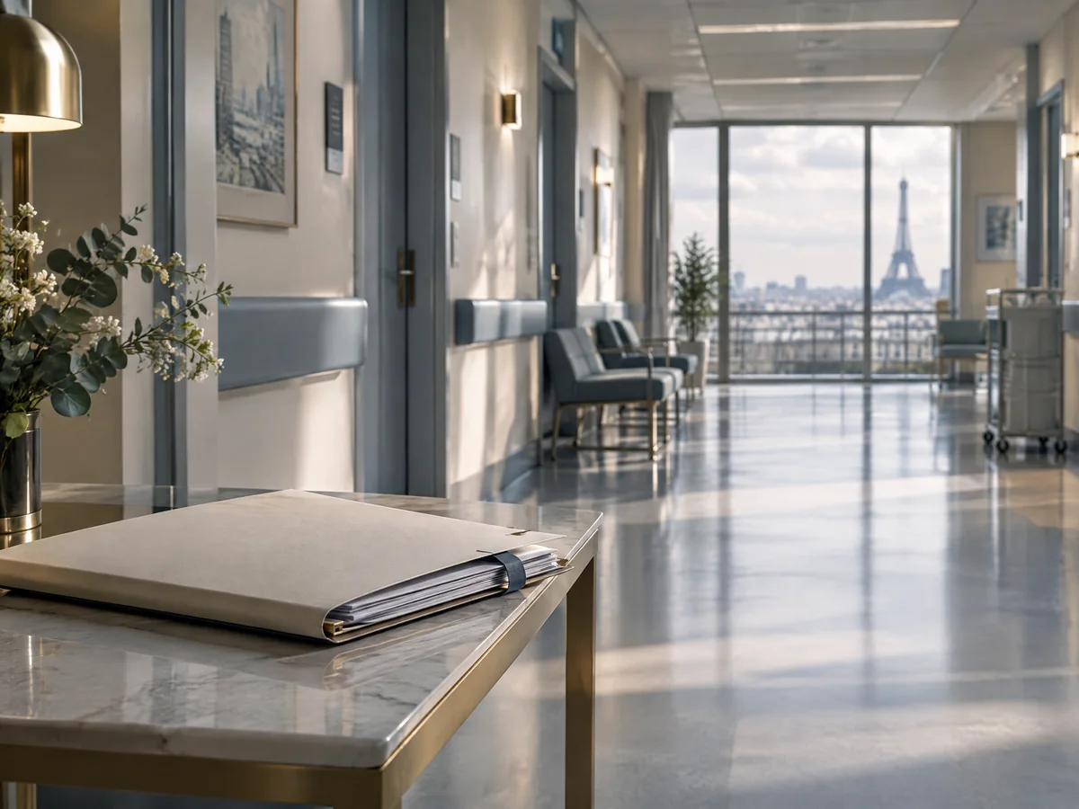 Couloir hospitalier lumineux avec un dossier fermé