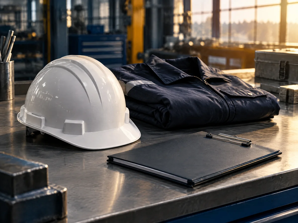 Casque, tenue de travail et rapport d’incident sur un établi