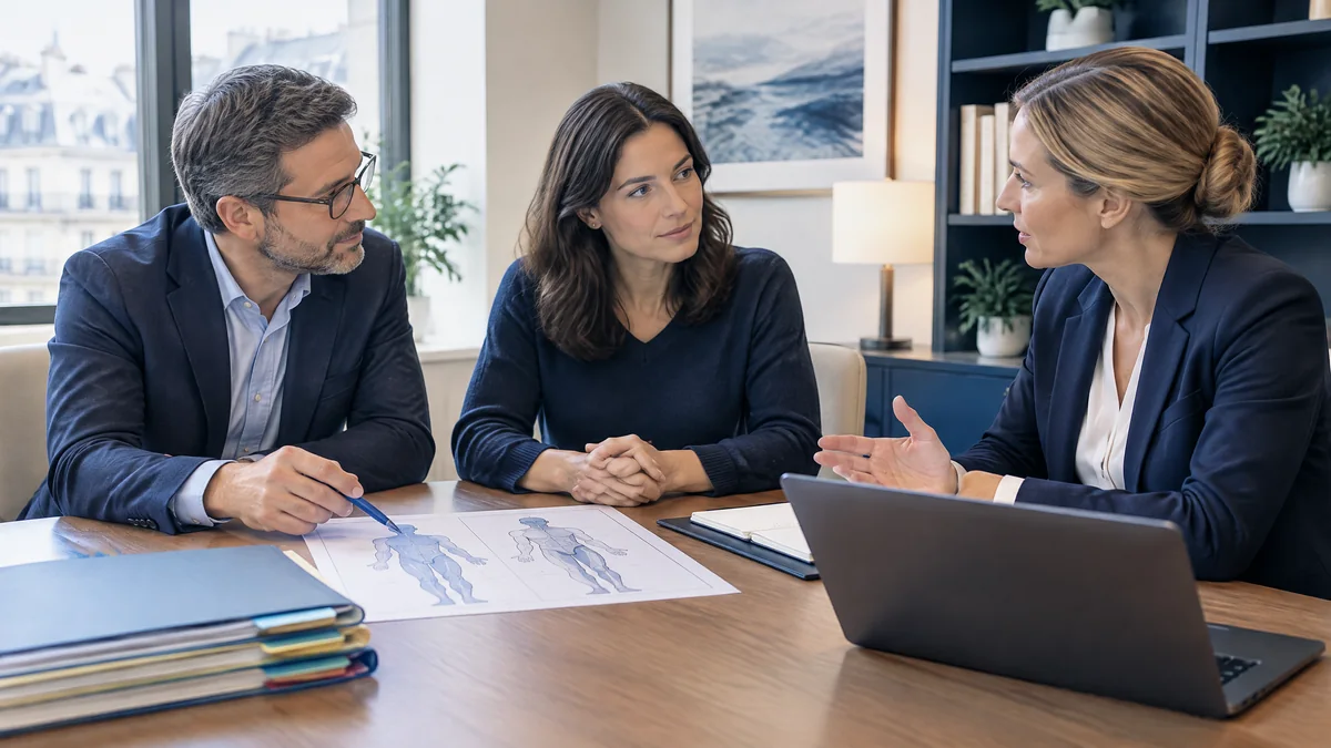 Personne préparant une expertise avec un médecin-conseil et une avocate